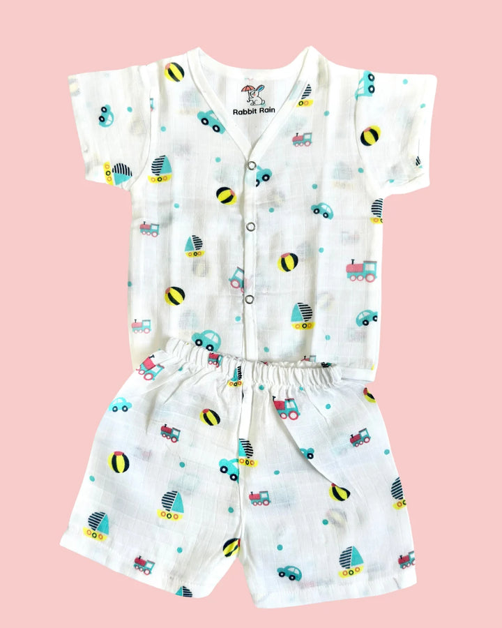 Premium Muslin Cotton Half Sleeve Jabla & Shorts Set – Toy Print