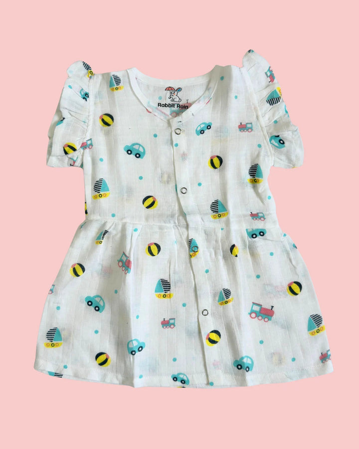 Frill Frock – 100% Premium Muslin Cotton – Playful Vehicle Print