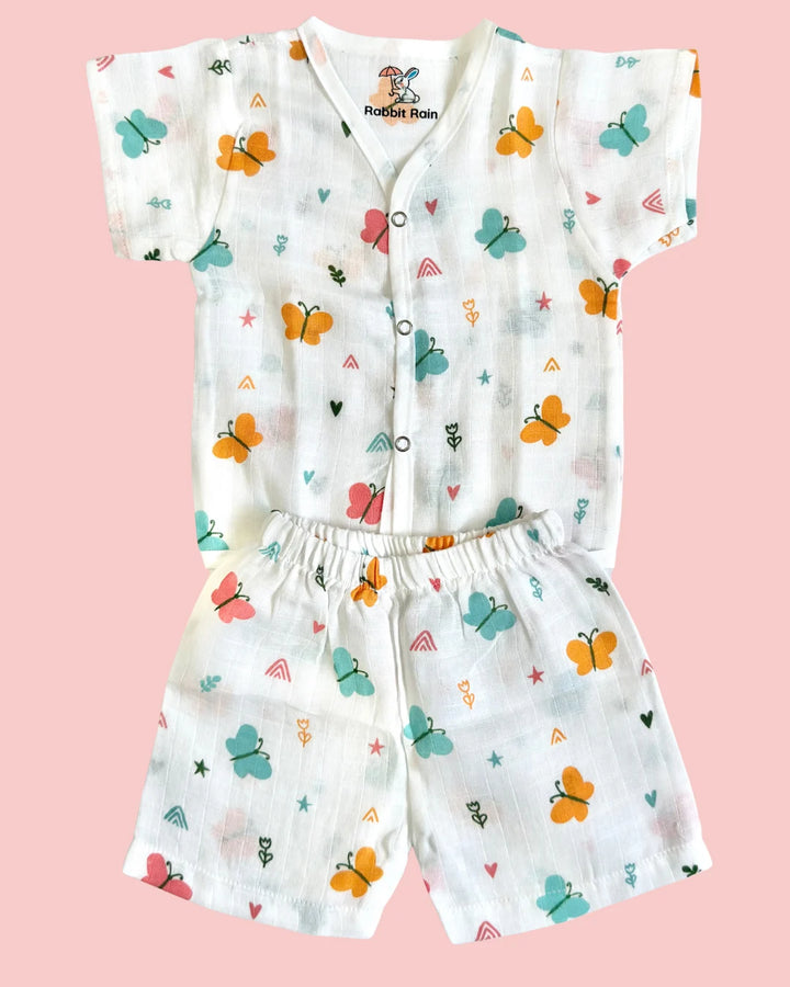 Premium Muslin Cotton Half Sleeve Jabla & Shorts Set – Butterfly Bloom