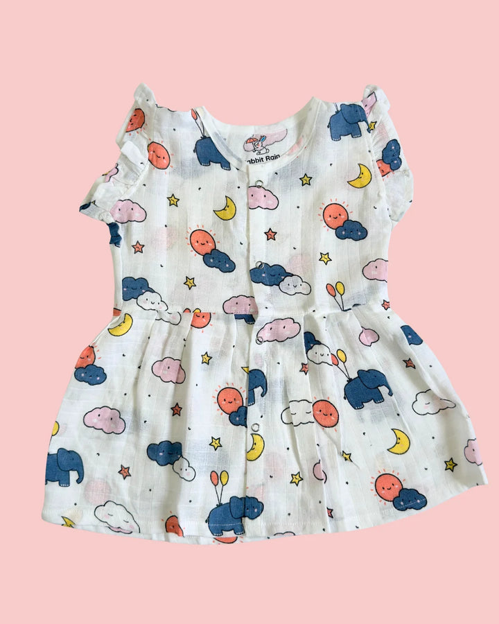 Frill Frock – 100% Premium Muslin Cotton – Dreamy Sky Print