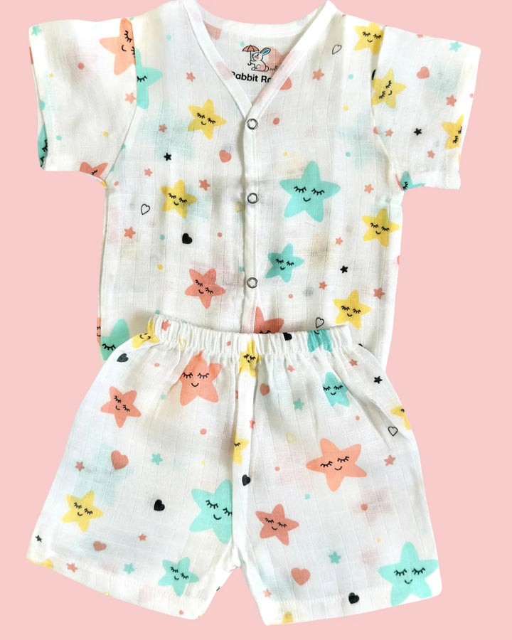 Premium Muslin Cotton Half Sleeve Jabla & Shorts Set – Dreamy Stars