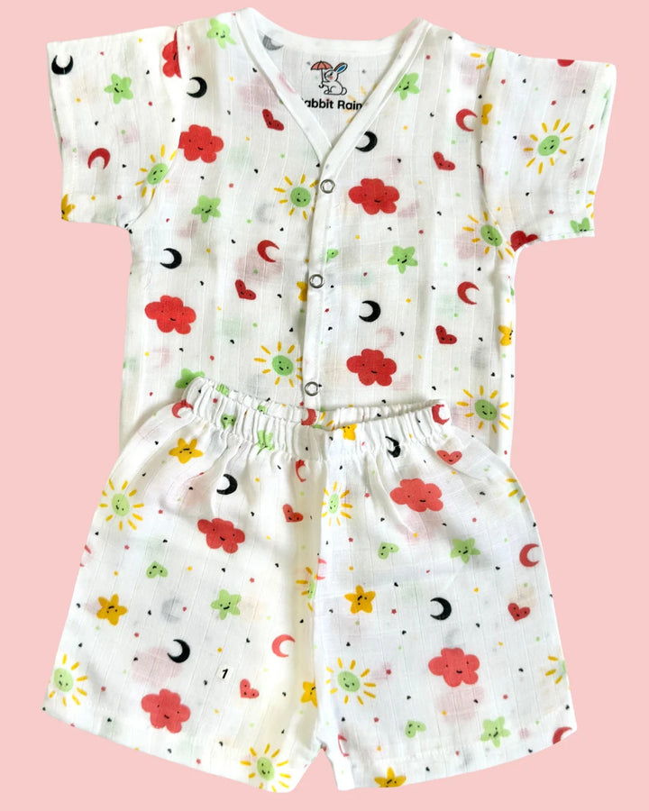 Premium Muslin Cotton Half Sleeve Jabla & Shorts Set – Sunshine & Moon