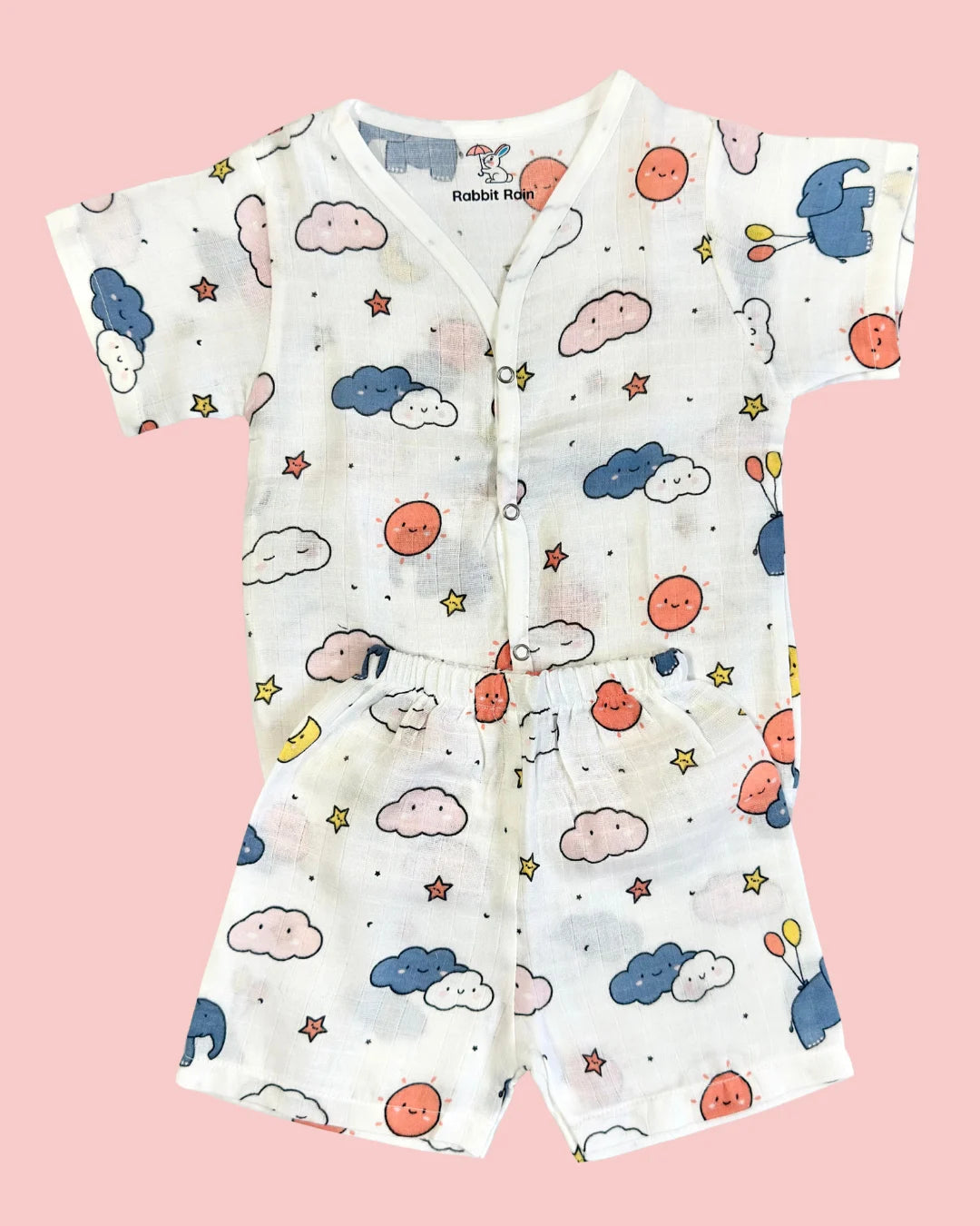 Premium Muslin Cotton Half Sleeve Jabla & Shorts Set – Sunny Sky