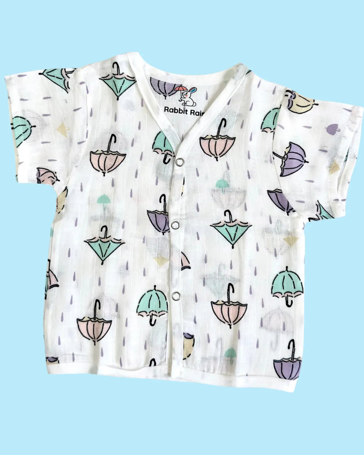 Premium Muslin Cotton Half Sleeve Jabla & Shorts Set – Pastel Umbrella