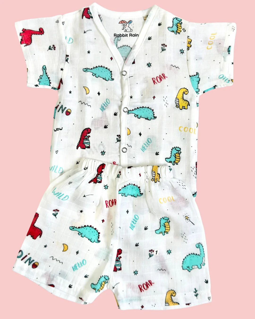 Premium Muslin Cotton Half Sleeve Jabla & Shorts Set – Dino Print