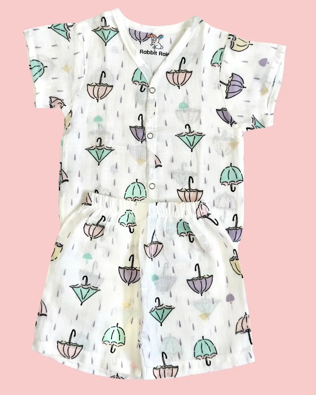 Premium Muslin Cotton Half Sleeve Jabla & Shorts Set – Pastel Umbrella