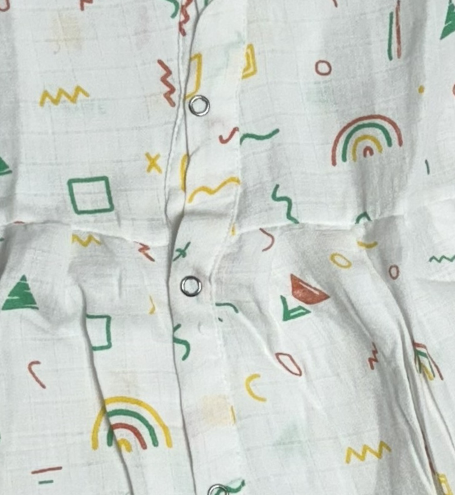 Muslin Baby Frock with Frill Sleeves – Front Open | Rainbow & Shapes Print