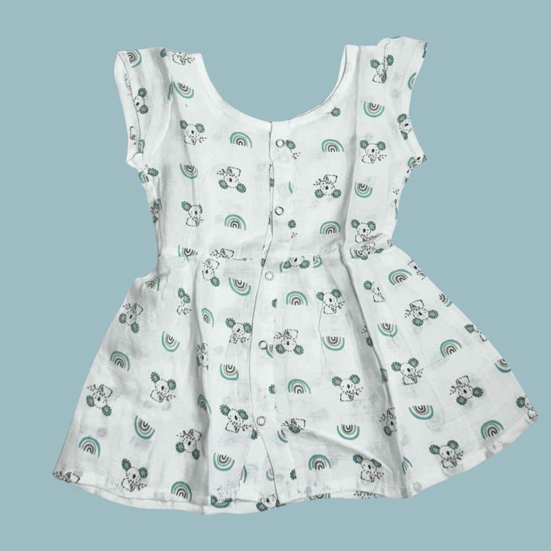 Muslin Baby Frock with Frill Sleeves – Front Open | Koala & Rainbow Print