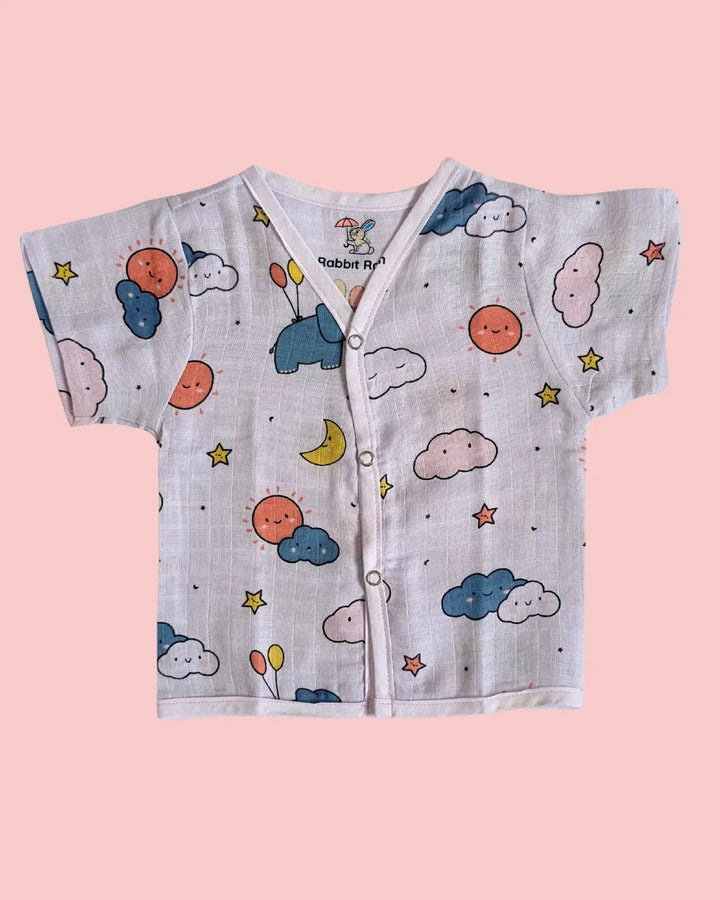 Muslin Cotton Jabla & Shorts Set – Cloud & Sky Print | Premium Baby Co-ord Set