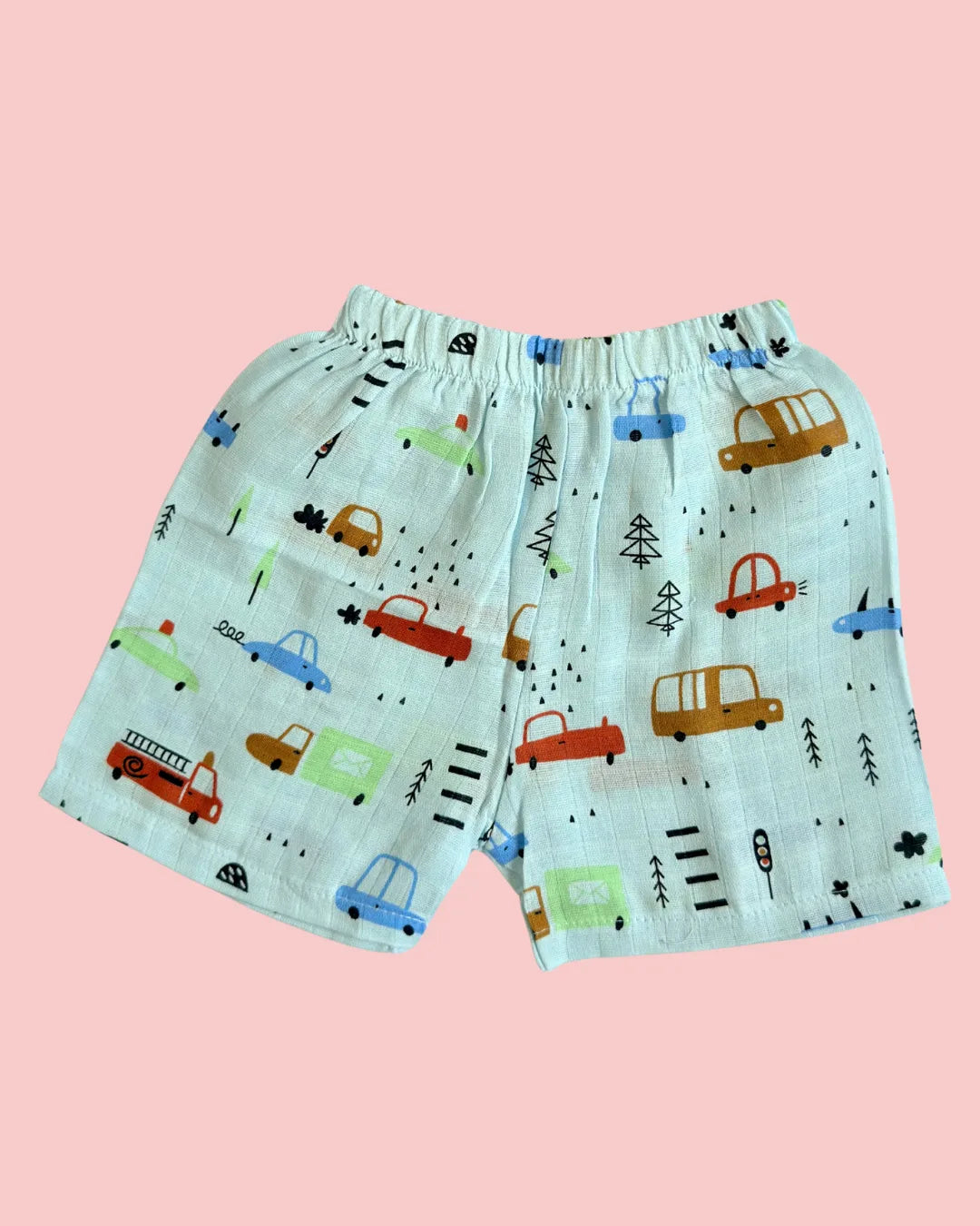Muslin Cotton Jabla & Shorts Set – Little Cars Print | Premium Baby Co-ord Set