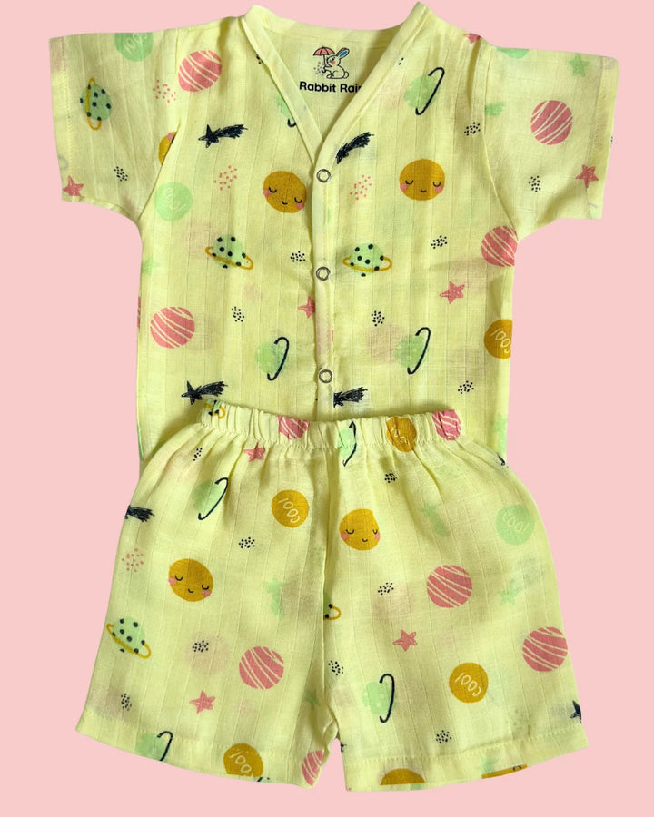 Muslin Cotton Jabla & Shorts Set – Space Print | Premium Baby Co-ord Set