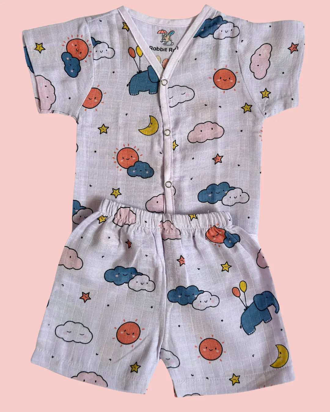 Muslin Cotton Jabla & Shorts Set – Cloud & Sky Print | Premium Baby Co-ord Set