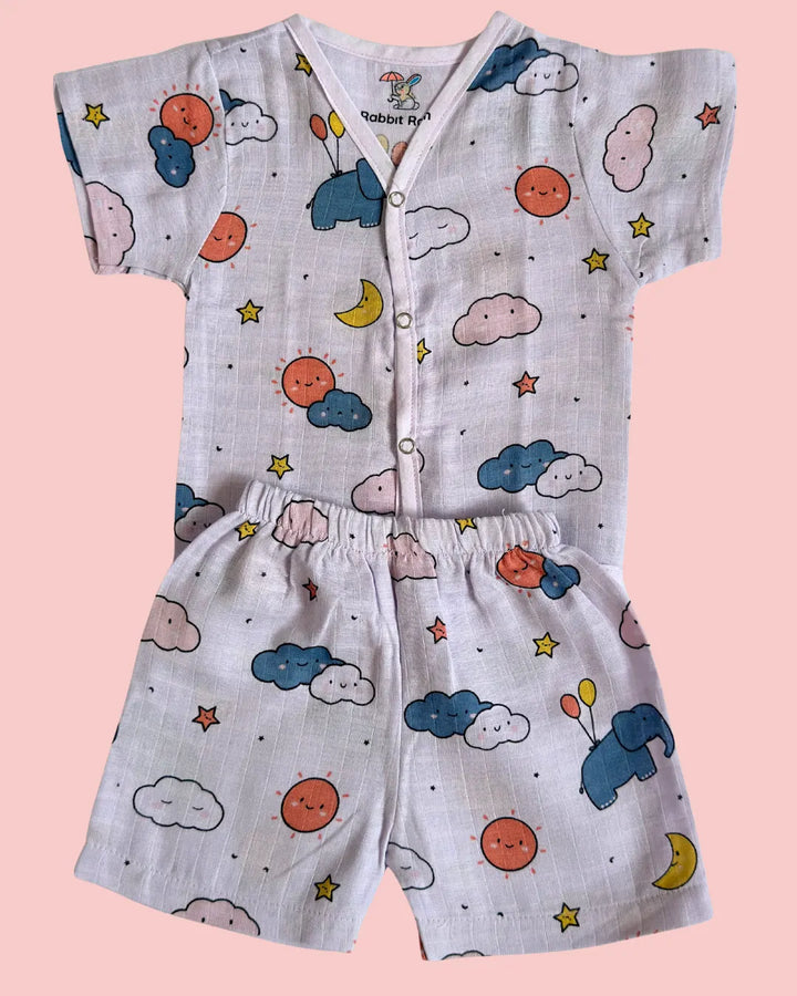 Muslin Cotton Jabla & Shorts Set – Cloud & Sky Print | Premium Baby Co-ord Set