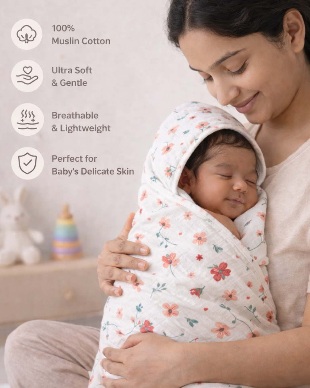 Muslin Cotton Baby Hooded Towel - Flowers
