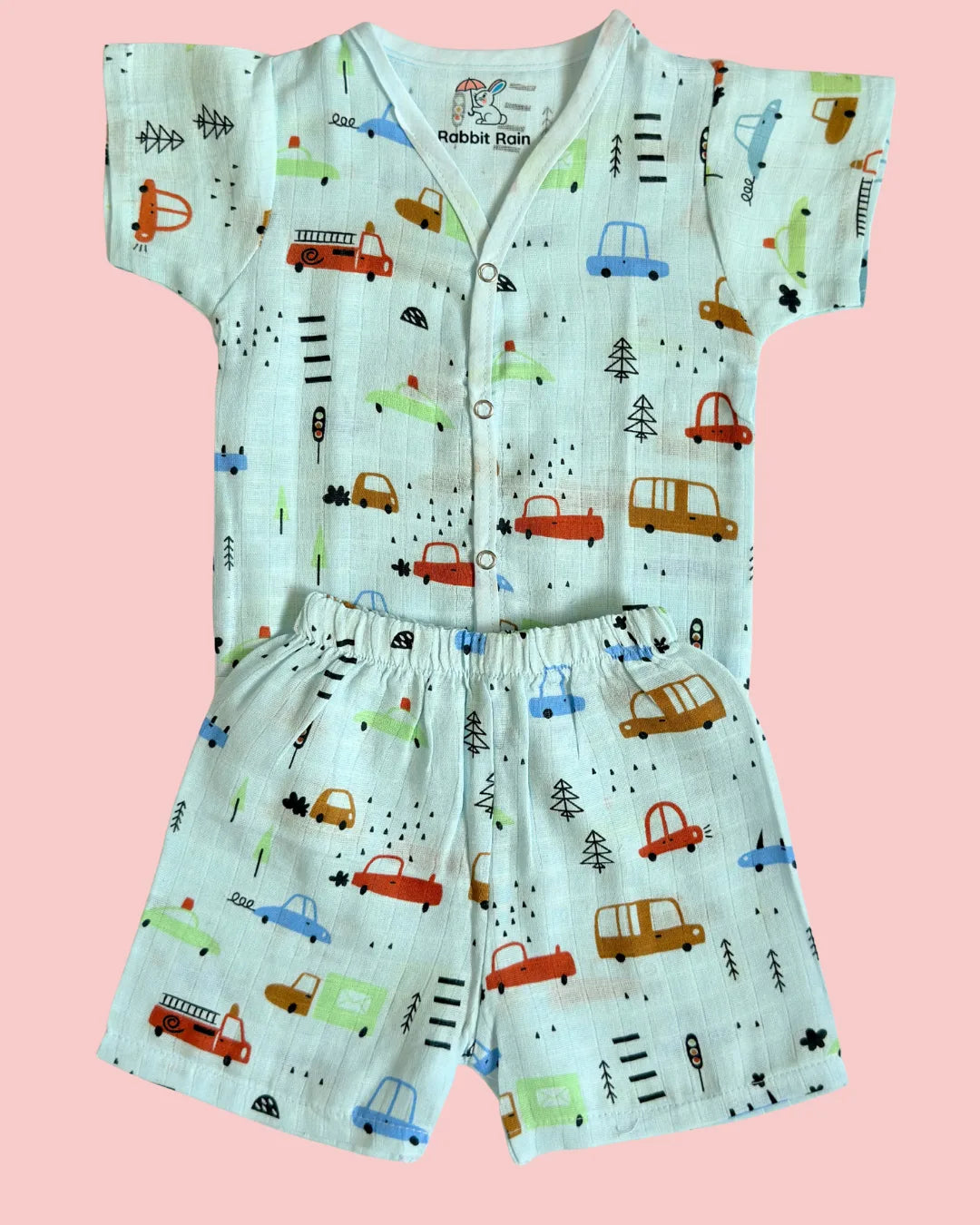 Muslin Cotton Jabla & Shorts Set – Little Cars Print | Premium Baby Co-ord Set