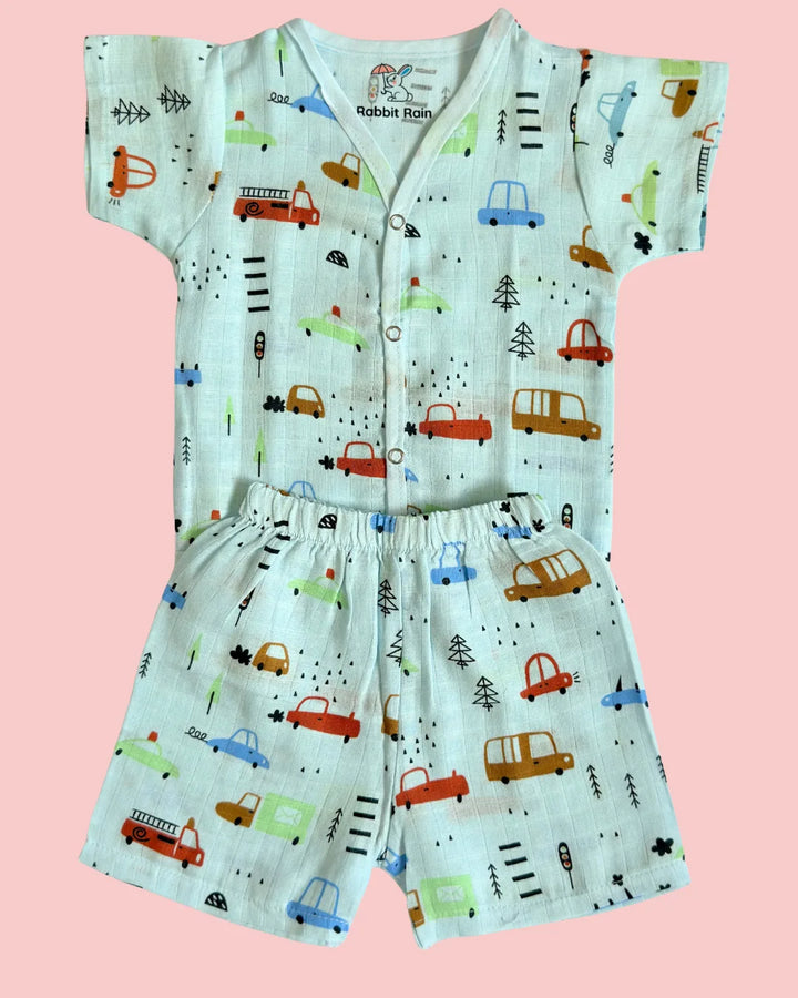 Muslin Cotton Jabla & Shorts Set – Little Cars Print | Premium Baby Co-ord Set