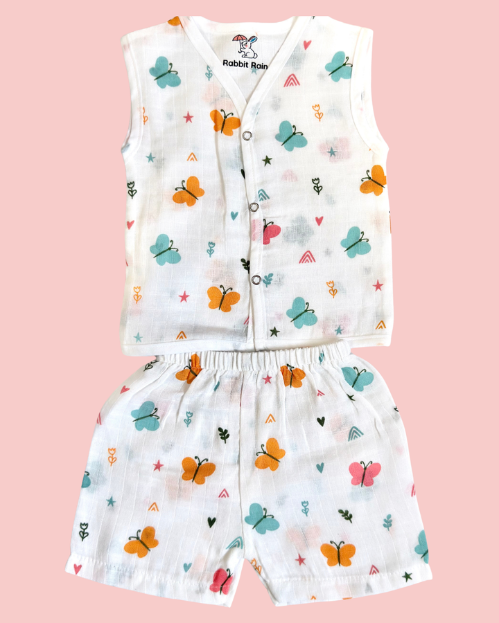 Premium Muslin Cotton Sleeveless Jabla & Shorts Set – Butterfly Print
