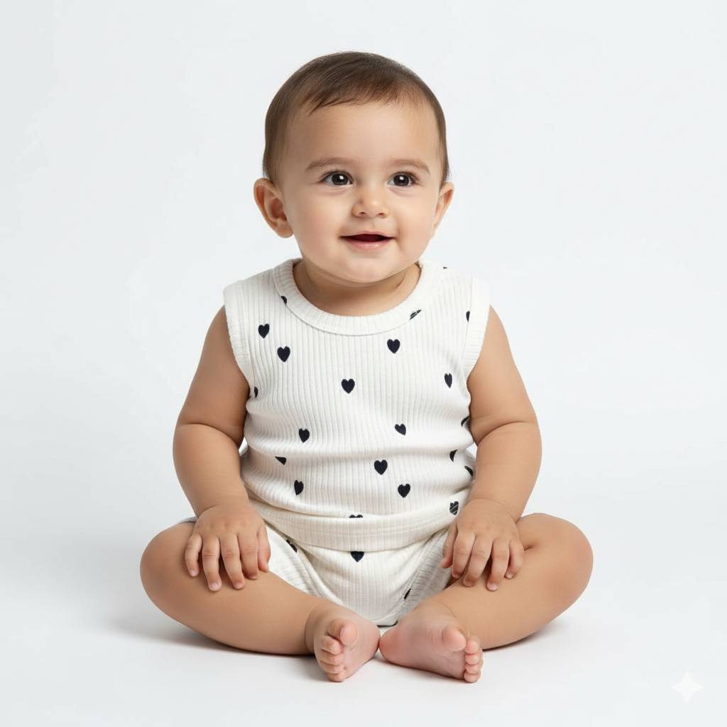 Unisex Sleeveless White Co-ord Set – Heart | 100% Premium Cotton