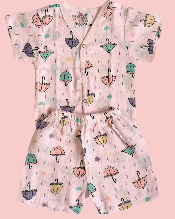 Muslin Cotton Jabla & Shorts Set – Cute Umbrella Print | Premium Baby Co-ord Set