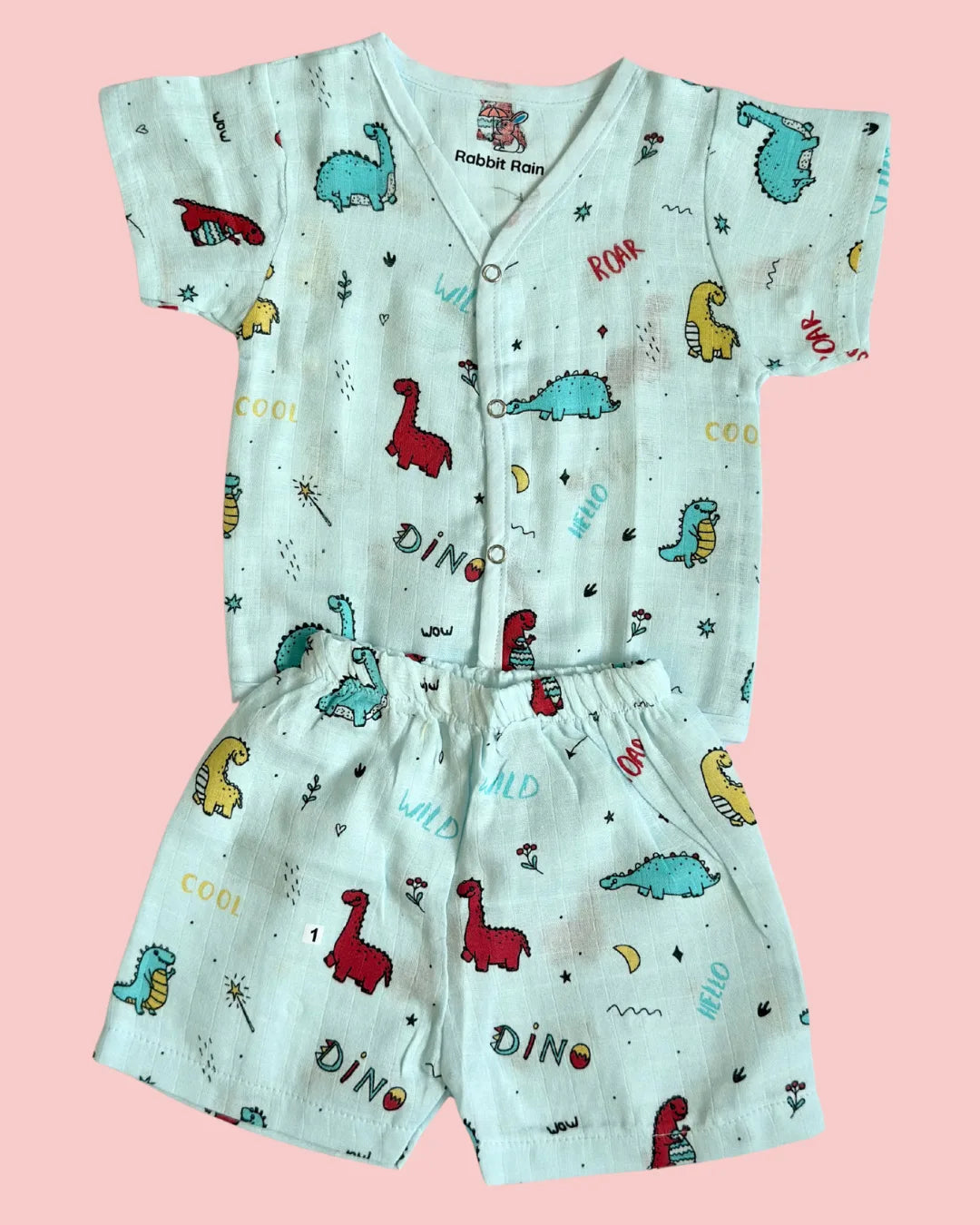 Muslin Cotton Jabla & Shorts Set – Cute Dinosaur Print | Premium Baby Co-ord Set